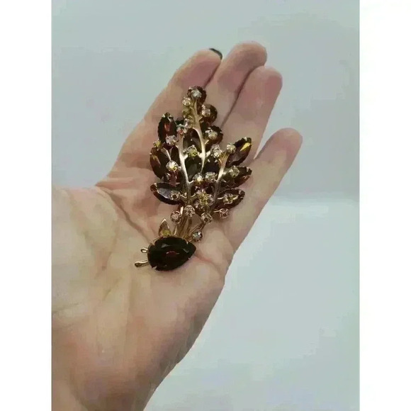 Vintage Brooch Rhinestone Leaf Spray Amber & AB Stones Estate Judy Lee - Picture 11 of 11